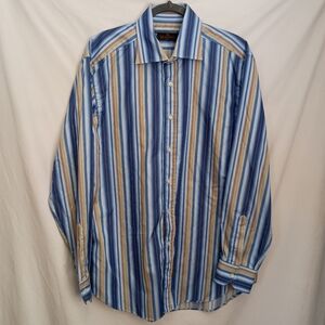 Mens Etro Blue Beige White Striped Dress Shirt Size 42 XL Made in Italy